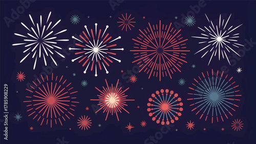 Collection of diverse colorful fireworks exploding in the night sky creating a festive celebration silhouette