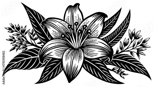 Very beautiful black-and-white engraved vector illustration of a lily flower, with wild spring leaves and wildflowers, isolated on a white background, showcasing detailed botanical and floral elements