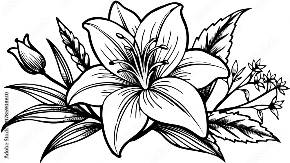Obraz premium Very beautiful black-and-white engraved vector illustration of a lily flower, with wild spring leaves and wildflowers, isolated on a white background, showcasing detailed botanical and floral elements
