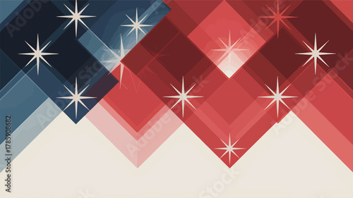 Abstract geometric background with red blue and cream diamond shapes and sparkling starbursts in a modern silhouette style