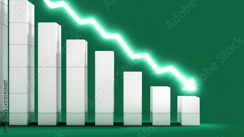 Green background, descending arrow on financial bar graph. Business loss chart with falling trend line. Digital stock market data visualization for investment analysis. Bad investment.