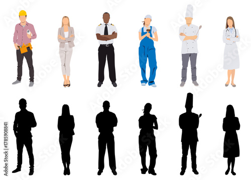 Diverse professions with silhouette. Collection of cartoon characters representing various occupations