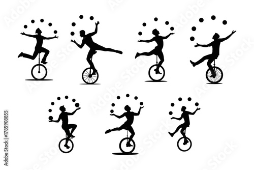 A collection of dynamic black silhouettes of a person juggling balls while riding a unicycle, representing concepts of balance, skill, and multitasking