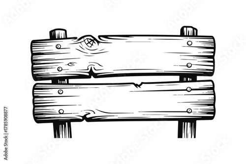 Hand-drawn rustic wooden sign with two blank planks for your message or text. Vintage woodcut style illustration isolated on white