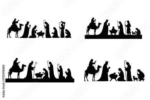 Four distinct black silhouette illustrations of the Christian Nativity scene. Depicts Holy Family, baby Jesus, Three Wise Men on camels, and adoring shepherds, ideal for festive holiday designs