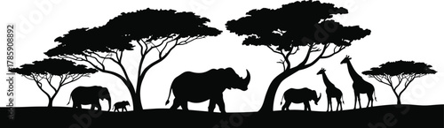 African savanna silhouette, wildlife landscape, elephant and giraffe icons, acacia tree shapes, nature scene, black vector design, travel illustration set