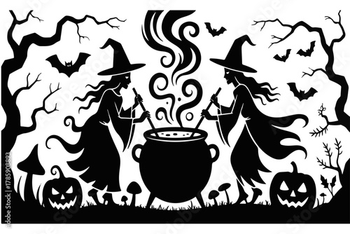 Bewitching Brew Witches Stirring Cauldron in Halloween Silhouette Illustration