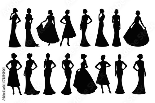 Collection of elegant female silhouettes in various evening gowns and formal dresses. Set of women in stylish long gowns for fashion and beauty concepts