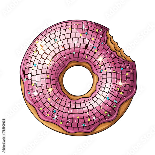 A pink disco ball donut with a bite taken out of it, covered in pink frosting and sprinkles, a fun and festive treat