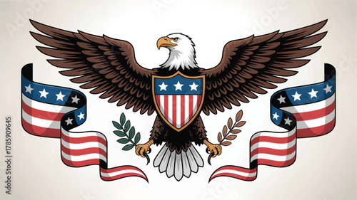 Majestic bald eagle with outstretched wings and american flag banners symbolizing freedom and patriotism silhouette