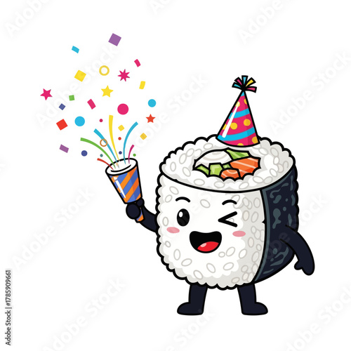 A cheerful sushi roll character wearing a party hat and holding a confetti popper, , celebrating with a wink and a smile