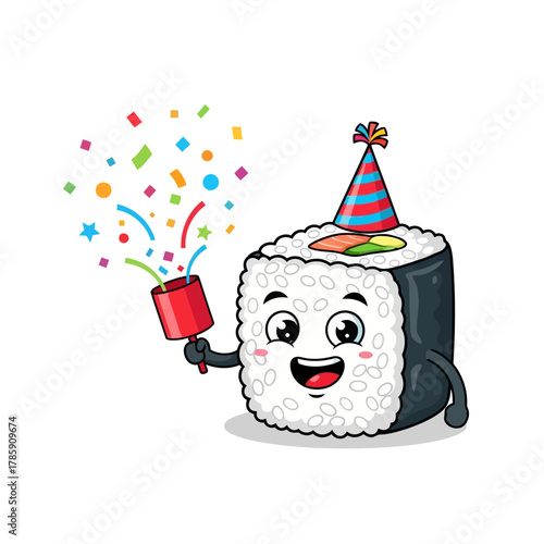 A happy sushi roll character wearing a party hat and holding a confetti popper, , celebrating with a big smile