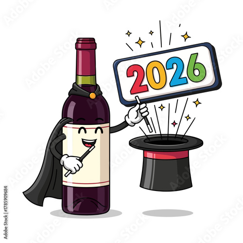Cartoon wine bottle magician pulling 2026 from a magic hat illustration of a wine bottle character doing a magic trick