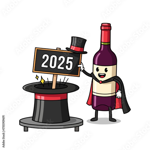 Cartoon wine bottle magician pulling 2025 from a magic hat illustration of a wine bottle character doing a magic trick