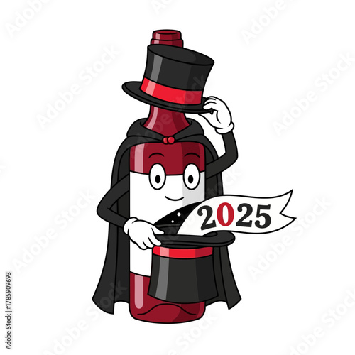 Cartoon wine bottle magician pulling 2025 from a magic hat illustration of a wine bottle character doing a magic trick