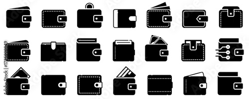 Wallet icons. Set of different wallet icons. Simple wallet signs. Black wallet icons