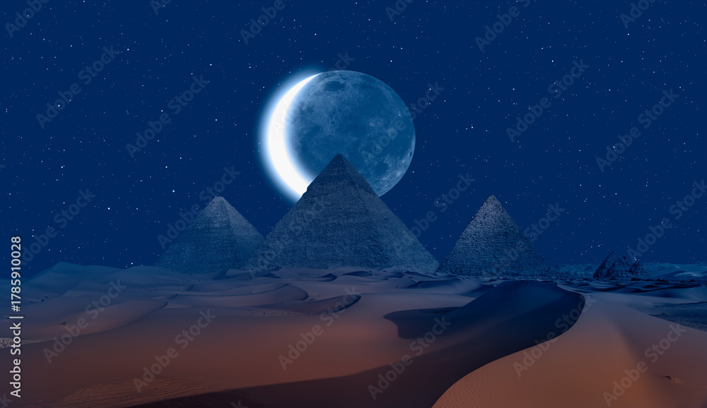 Obraz premium Giza Pyramid Complex with crescent moon - Cairo, Egypt