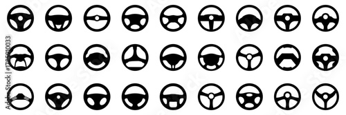Steering wheel icon collection in simple black style. Variety of automotive designs for driving and transportation themes