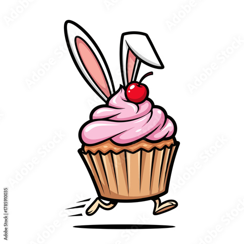 Playful cupcake with bunny ears and a cherry on top running a whimsical easter treat for a festive occasion