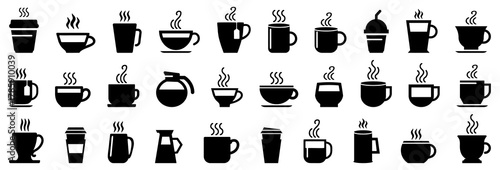 Coffee cup icons. Set of different tea cup icons. Simple coffee or tea signs. Black hot drinks icons