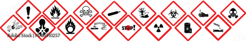 GHS pictograms. Warning Hazard Hazardous Danger Dangerous Icon set. Explosive Flammable Oxidizing Compressed Gas Corrosive Toxic Harmful Corrosive Environmentally Unsafe Vector Symbols