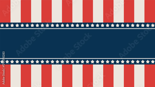 American patriotic background with red and white stripes and a central navy blue banner adorned with a star border silhouette