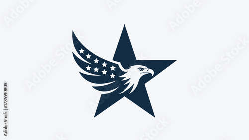Majestic eagle silhouette emerging from a star with american flag elements and stars silhouette
