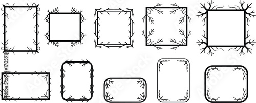 Decorative branch frames, black silhouette borders, antler-inspired design, nature graphic elements, vector illustration set, square and rectangle layout accents