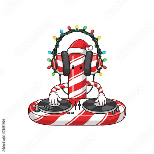 Candy cane dj with santa hat a fun and festive holiday image of a candy cane playing music, perfect for christmas parties