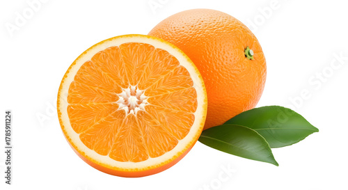 Fresh and juicy orange fruit with green leaves isolated on transparent background, a healthy and refreshing treat