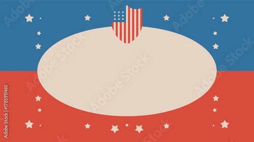 Patriotic american flag shield silhouette over a large oval frame on a red and blue striped background with stars for independence day celebrations