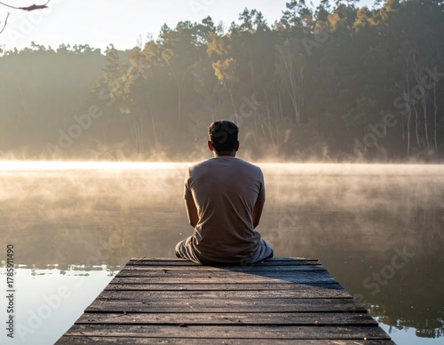 Solitary Figure Meditating on Wooden Dock Amidst Misty Lake at Sunrise