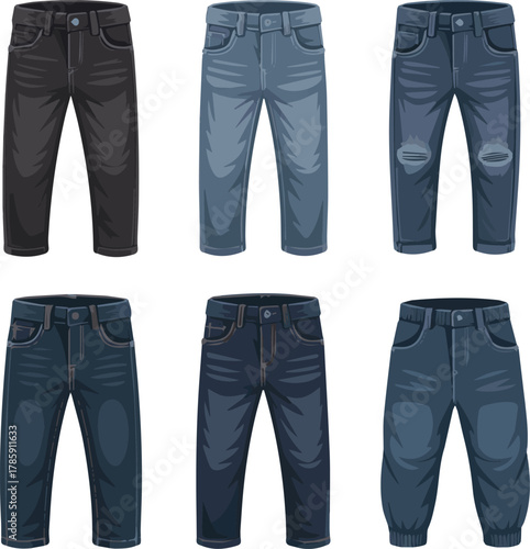 Isolated a kinds of deferent modern boy jeans pant vector art with white background.