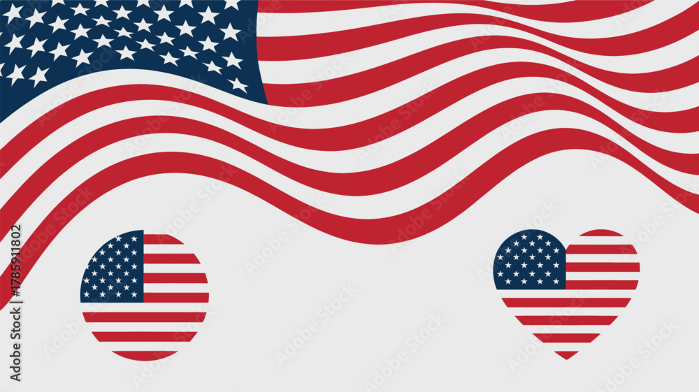 Obraz premium Waving american flag with patriotic heart and oval shapes representing the usa silhouette