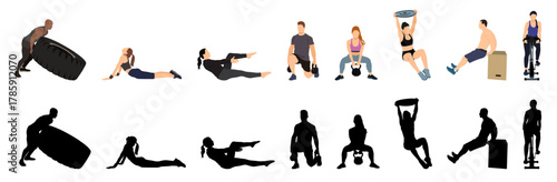 Silhouette of exercising collection for fitness, sport and healthy lifestyle concept.