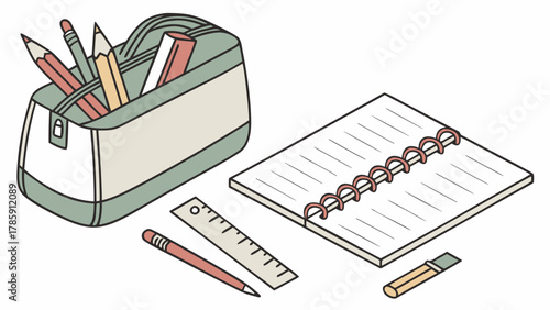 Stationery set with pencil case, notebook, ruler, pencil and cutter