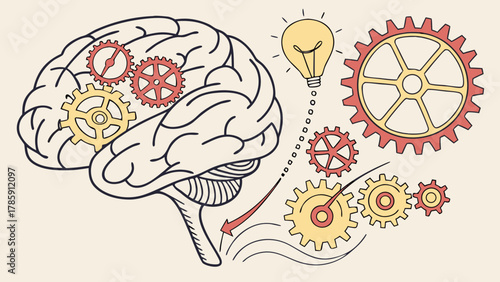 Brain with gears and lightbulb representing ideas and problem solving