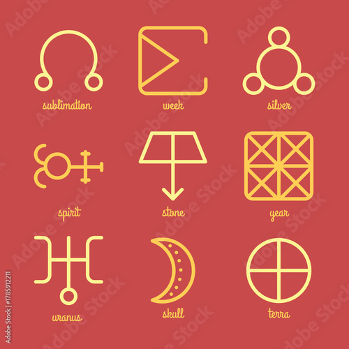 Collection of yellow alchemy symbols and elements