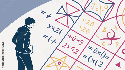 Man looking at complex mathematical equations and symbols on board