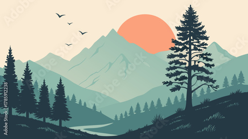 Scenic mountain landscape with pine trees, birds, and a rising sun illustration