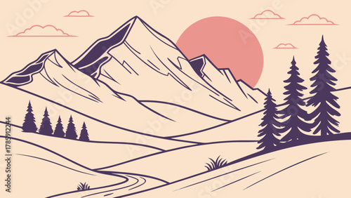 Minimalist mountain landscape illustration with pine trees and a rising sun