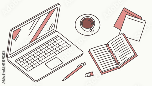 Workspace illustration with laptop, notebook, coffee, and stationery