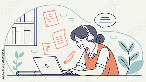 Girl learning online with laptop, headphones, and floating documents