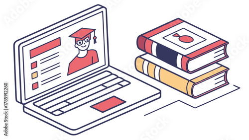 Online learning with student on laptop, books, and graduation