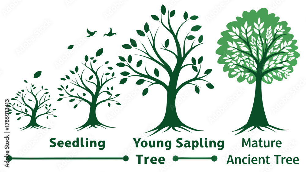 Obraz premium The life cycle of a tree from seedling to mature ancient tree