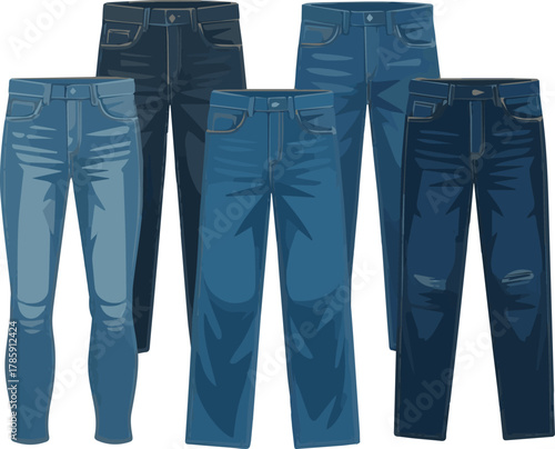 Isolated a kinds of deferent modern jeans pant vector art with white background.