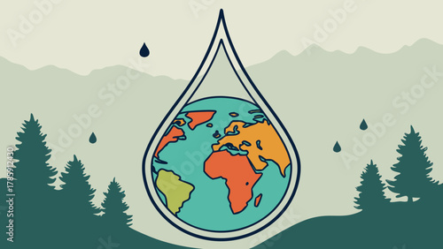 Water conservation concept with a water drop containing the earth and nature