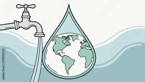 Water conservation concept with a tap and a water drop with the earth