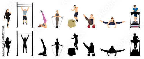People engaging in diverse physical activities and exercises with silhouette vector illustration.