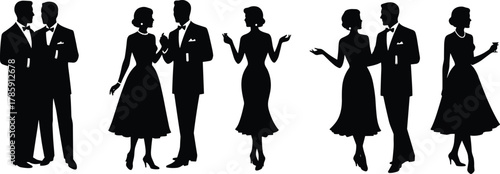 Elegant couple silhouettes vector illustration, vintage formal fashion design, retro man and woman party style, classic social gathering elegance concept artwork